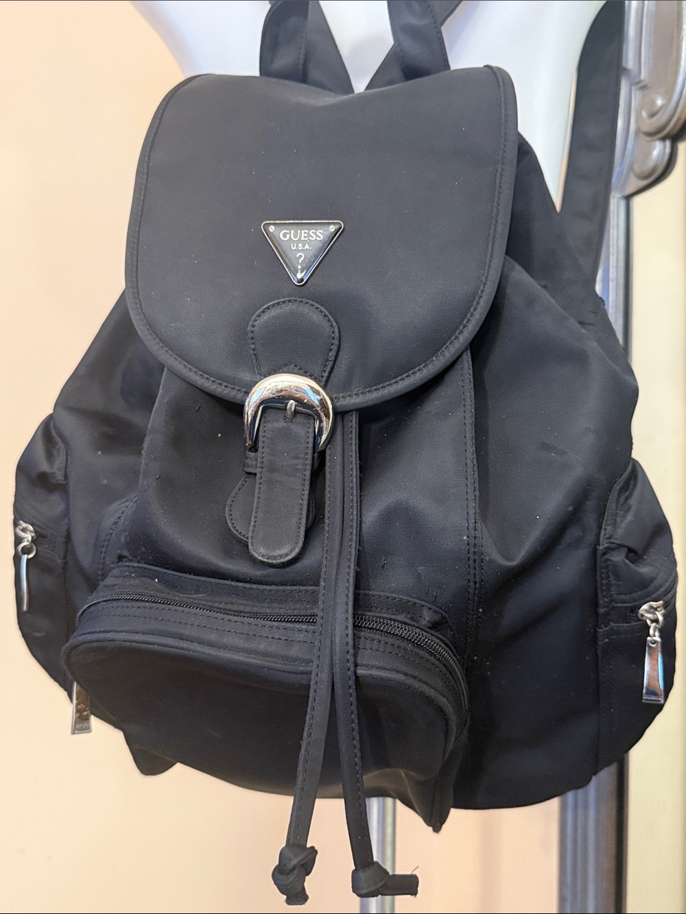GUESS Black Nylon Buckle Drawstring Backpack - Picture 2 of 8